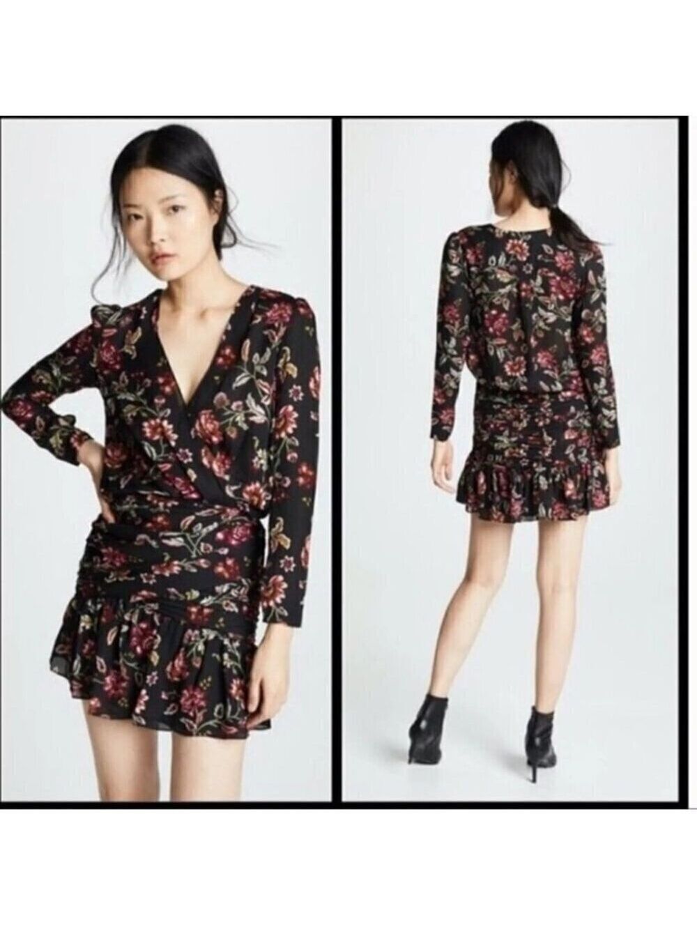 A.L.C. | Haven Ruched Floral Print 100% Silk Dress black red sz 0